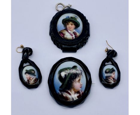 A 19th century portrait brooch and matching earrings, the porcelain plaques set in jet with hand painted portraits of a young