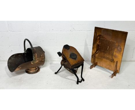 A copper fire screen and coal bucket along with a pair of Fletcher Russell & Co Ltd bellows (A/F)