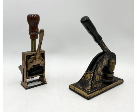 A Jordan & Sons Ltd. cast iron stamp along with  vintage wooden handled number stamp