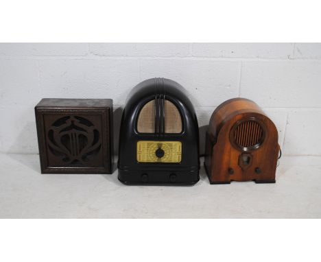 A vintage bakelite radio, along with a vintage mahogany cased radio and an antique oak cased Celestion speaker