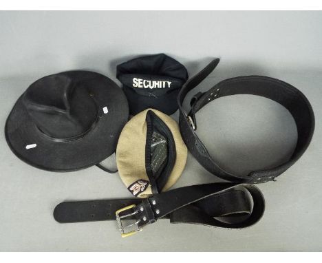 A Compton Webb Headdress Limited beret with SAS cloth patch, size 7½, a cap marked 'Security' and similar.