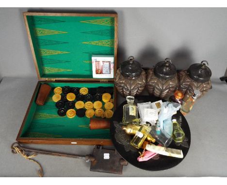 Lot to include backgammon board in case, pool cue, glassware, perfume and similar. [2]