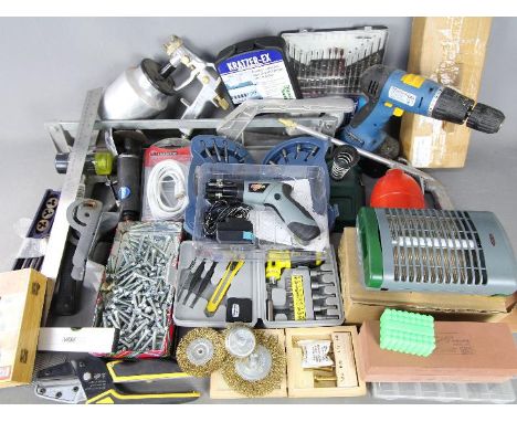 A mixed lot of tools to include hand tools, electric drill, 3" cut off tool and similar.