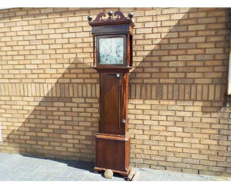 A late 18th century oak and mahogany cased 8-day longcase clock, 13 inch painted dial, Wilson style flowers and birds to the 