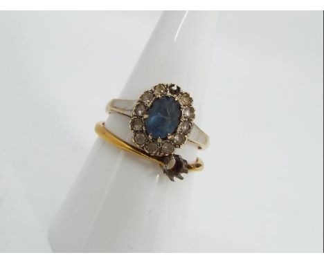 9 ct gold - a 9ct gold stone set ring with one small surrounding stone missing, size O and a further gold ring with stone mis