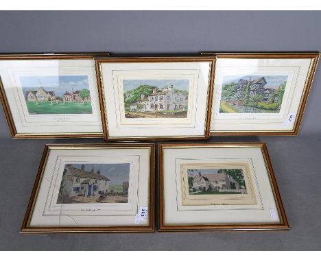 Brocklehurst Whiston - Five woven silk pictures, all mounted and framed under glass to include The Kings School, The Wizard, 
