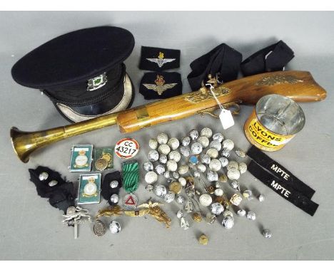 Lot to include a Merseyside Transport Divisional Inspector cap, Merseyside Passenger Transport Executive buttons and patches 