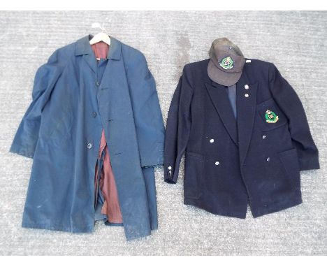 A jacket bearing Royal Military Police cloth patch and R.M.P Association enamel badge, a similar cap and an overcoat. [3]