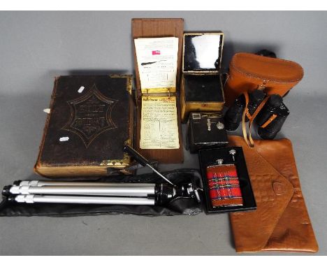 Lot to include a vintage Oriental tea caddy, vintage bible, boxed hip flask, Kodak camera, binoculars and similar.