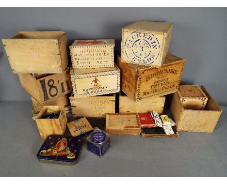 A collection of vintage tea crates / boxes, cigar boxes, vintage tins and similar. [2]