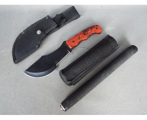 A camping knife with a rounded end and partially serrated spine with an extendable baton (baton is not spring loaded / button
