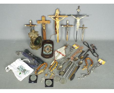 Lot to include pens, commemorative crowns, brass lantern, religious items and similar.