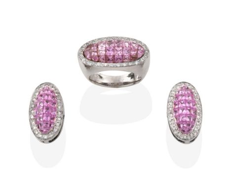 A Pink Sapphire and Diamond Ring, the central domed plaque formed of calibré cut pink sapphires within a border of eight-cut 