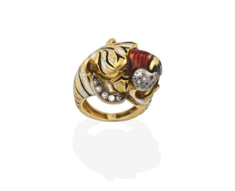 An Enamel and Diamond Ring, in the style of Kutchinsky, realistically modelled as a yellow tiger with an open mouth, enamelle