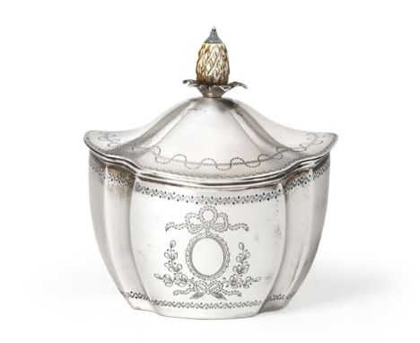 An Edward VII Silver Tea-Caddy, by Thomas Bradbury and Sons, London, 1901, tapering shaped oval, engraved with a ribbon-tied 