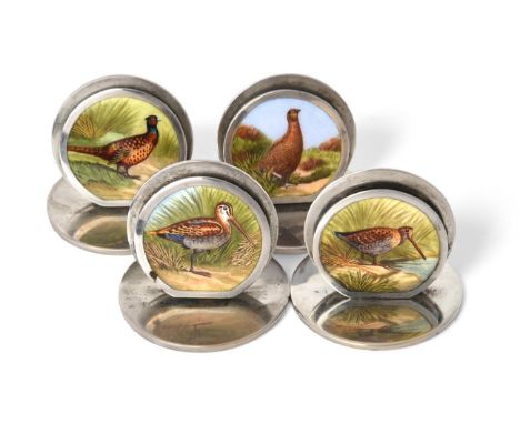A Set of Four Edward VII Silver and Enamel Place-Card Holders, by Sampson Mordan and Co., Chester, One 1904 and Three 1906, e