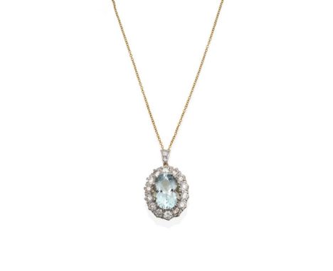 An Aquamarine and Diamond Cluster Pendant on Chain, the oval cut aquamarine within a border of round brilliant cut diamonds s