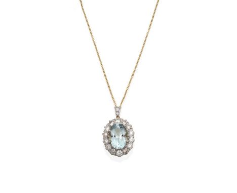 An Aquamarine and Diamond Cluster Pendant on Chain, the oval cut aquamarine within a border of round brilliant cut diamonds s