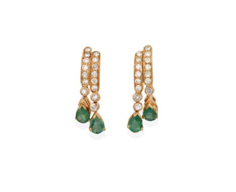 A Pair of Emerald and Diamond Drop Earrings, two yellow bars set throughout with eight-cut diamonds terminating to pear shape