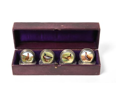 A Set of Four Edward VII Silver and Enamel Place-Card Holders, by Sampson Mordan and Co., Chester, 1904, each on circular bas