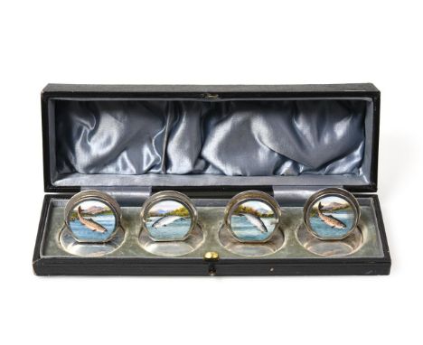 A Cased Set of Four Edward VII Silver and Enamel Place-Card Holders, by Sampson Mordan and Co., Chester, Three 1905 and One 1