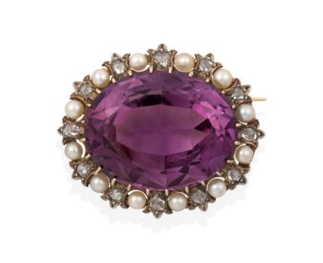 An Amethyst, Pearl and Diamond Brooch, the oval cut amethyst within a border of twelve rose cut diamonds alternating with twe