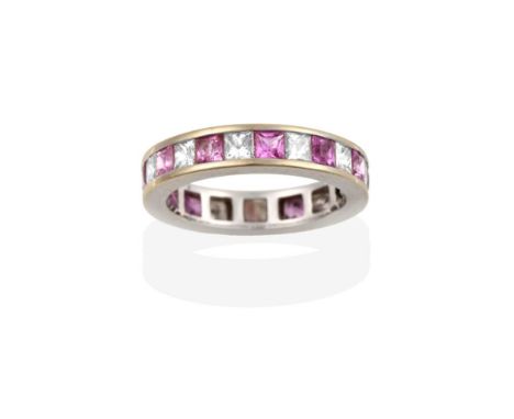 An 18 Carat White Gold Pink Sapphire and Diamond Eternity Ring, princess cut diamonds alternate with square cut pink sapphire