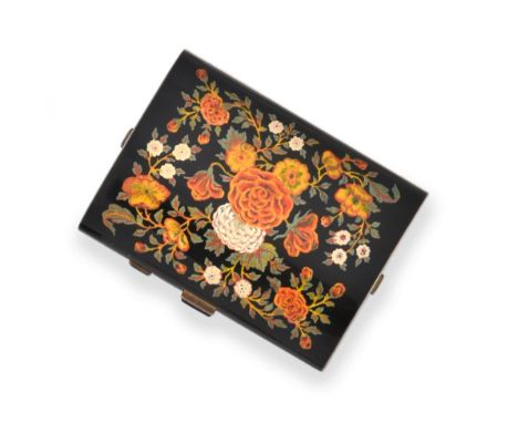 A French Silver-Gilt and Enamel Minaudière, Maker's Mark Indistinct, Circa 1920, curved oblong, the base and hinged cover wit