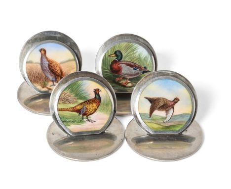 A Set of Four George V Silver and Enamel Place-Card Holders, by Sampson Mordan and Co., Chester, Three 1911 and One 1913, eac