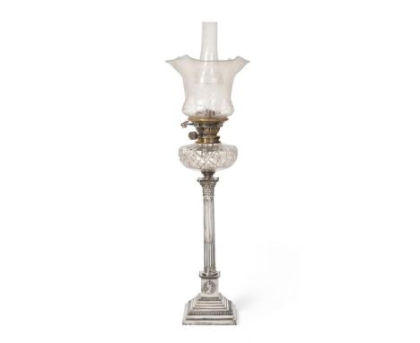 A Victorian Silver Oil-Lamp, by James Deakin and Sons, Sheffield, 1893, on stepped square base with beaded border, the plinth