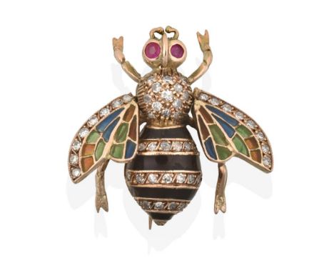 An Edwardian Plique-a-Jour Enamel, Ruby and Diamond Bee Brooch, realistically modelled with ruby set eyes, an eight-cut diamo