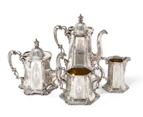 A Four-Piece Victorian Silver Tea and Coffee-Service, by George Angell, London, 1850, each piece tapering and engraved with f