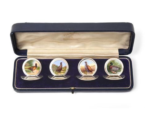 A Cased Set of Four George V Silver and Enamel Place-Card Holders, by Sampson Mordan and Co., Chester, 1911, Retailed by Finn