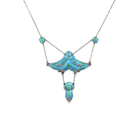 An Art &amp; Crafts Enamel Necklace, by William Hair Haseler, Attributed to Jessie M. King design, circa 1900, the central pl