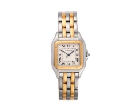A Steel and Gold Calendar Centre Seconds Wristwatch, signed Cartier, model: Panthere, ref: 1100, circa 1995, quartz movement,