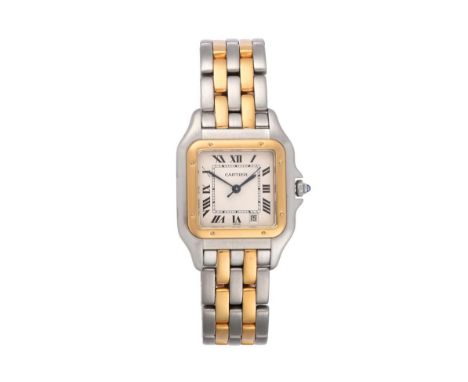 A Steel and Gold Calendar Centre Seconds Wristwatch, signed Cartier, model: Panthere, ref: 1100, circa 1995, quartz movement,