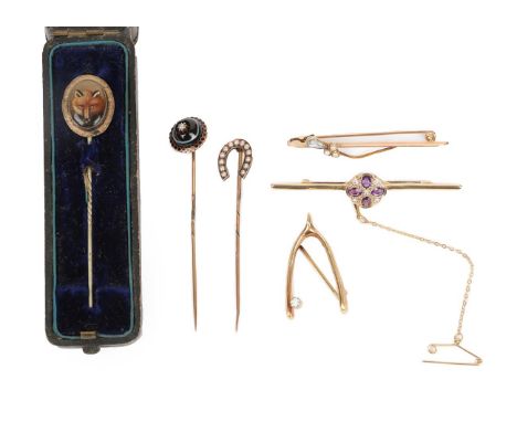 A Collection of Jewellery, comprising a 9 carat gold amethyst and diamond bar brooch, length 5.8cm; a diamond set spur bar br