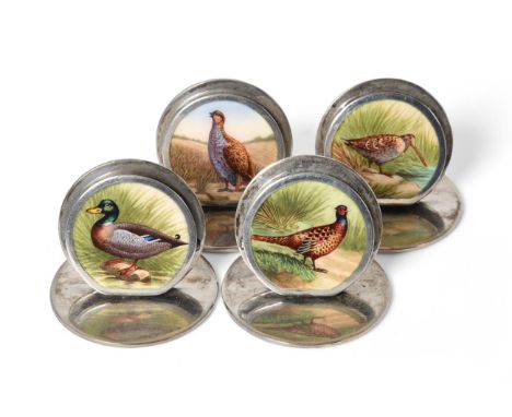 A Set of Four Edward VII Silver and Enamel Place-Card Holders, by Sampson Mordan and Co., Chester, 1908, each on circular bas