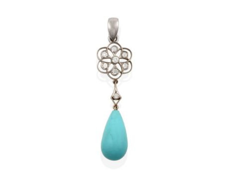 An Edwardian Turquoise and Diamond Pendant, by Black, Starr &amp; Frost, an openwork foliate motif set throughout with old cu