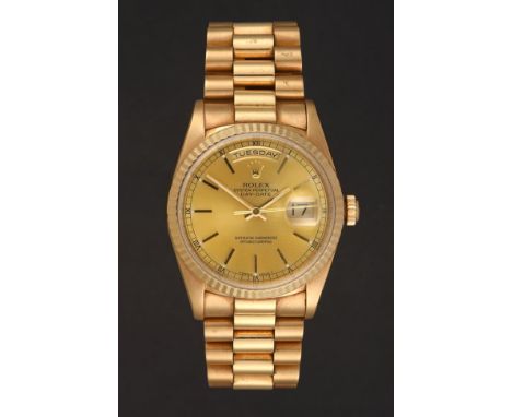 An 18 Carat Gold Automatic Day/Date Centre Seconds Wristwatch, signed Rolex, Oyster Perpetual, Superlative Chronometer Offici