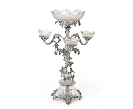 A Victorian Silver Plate Centrepiece Epergne, by Thomas Bradbury and Co., Sheffield, Circa 1870, the shaped trefoil base appl