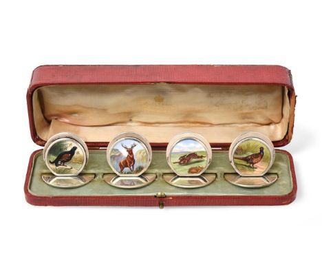 A Cased Set of Four Edward VII Silver and Enamel Place-Card Holders, by Sampson Mordan and Co., Chester, 1904, Retailed by Wi
