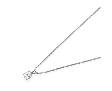 A Diamond Solitaire Pendant on Chain, the cushion cut diamond in a white four claw setting, suspended from a forked bale, on 