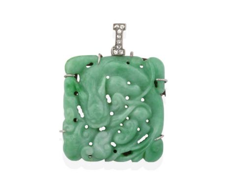 An Early 20th Century Diamond and Jade Brooch/Pendant, the pendant loop set throughout with rose cut diamonds in the form of 