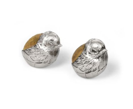A Pair of Edward VII Silver Pin-Cushions, by Sampson Mordan and Co. Ltd., Chester, 1908, each formed as a hatching chick, 3cm
