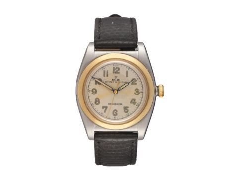 A Steel and Gold Bubbleback Automatic Centre Seconds Wristwatch, signed Rolex, Oyster Perpetual Chronometer, ref: 3133, 1945,