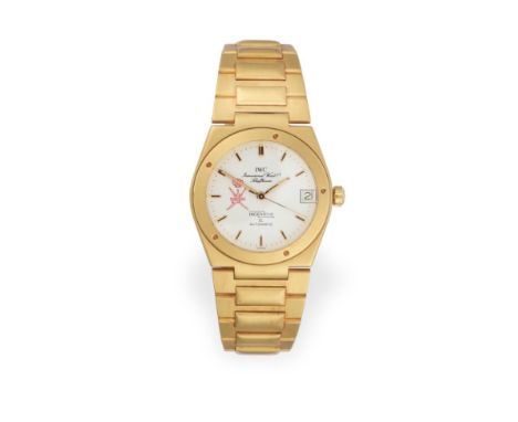 An 18 Carat Gold Automatic Calendar Centre Seconds Wristwatch with the Red ''Khanjar'' National Symbol of Oman dial, signed I