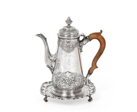 A George II Silver Coffee-Pot and Stand, by Ayme Videau, London, 1739, the coffee-pot tapering cylindrical and on spreading f