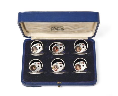A Cased Set of Six Edward VII Silver and 'Gem'-Set Place-Card Holders, by Richard Martin and Ebenezer Hall, Birmingham, 1904,