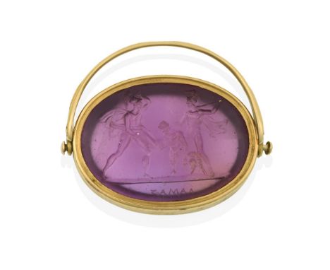 An Amethyst Intaglio Swivel Fob, the oval amethyst depicting a figure subject with Roman soldiers, possibly the spearing of C